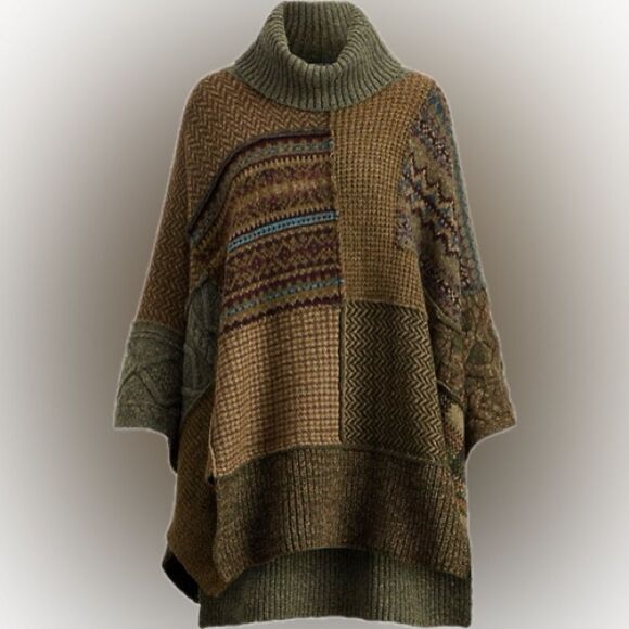 Polo Ralph Lauren Turtleneck Knit Poncho Olive and Brown Fair Isle Patchwork - Picture 1 of 16